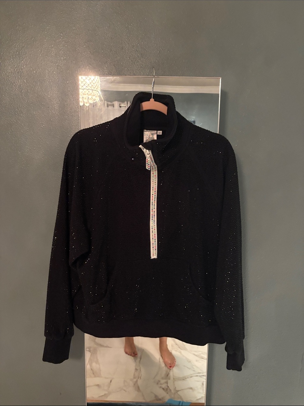 QUEEN OF SPARKLES Black Sparkle Half-Zip Turtleneck Pullover